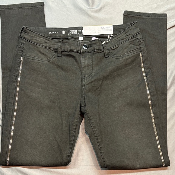 Jennifer Lopez Denim - Jennifer Lopez Charcoal/Black Mid-Rise Skinny Jeans Rhinestone Side Stripes NWT